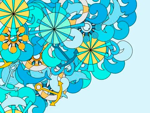 Marine pattern with space for text. Hand-drawn doodles waves and objects. イラスト素材