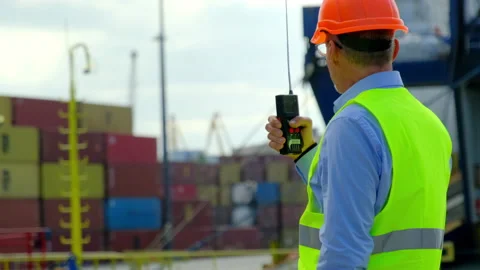 Marine port freight ship loading engineer controls testing Stock Footage 165713412