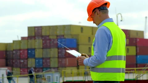 Marine port freight ship loading engineer controls employees Video stock 169027641