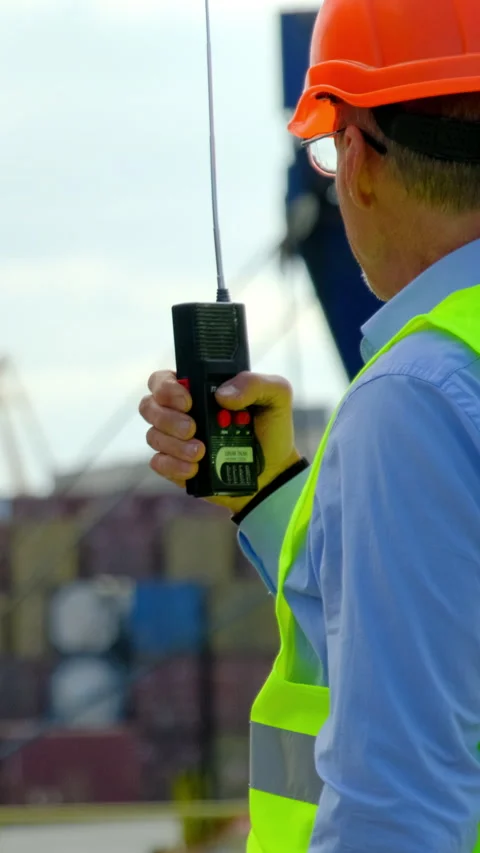 Marine port freight ship loading engineer controls testing Stock Footage 277285494