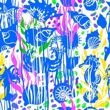 Marine print. Vector seashell seamless pattern. Hand drawn sketch. Seaweed, k Illustrazione stock