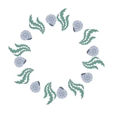 Marine round frame with cute seashells and green seaweed on white background for Stock Illustration