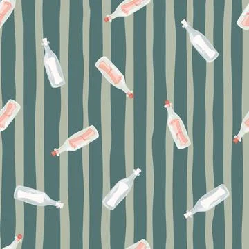 Marine sea seamless pattern with random bottle messages ornament. Grey and gr Illustrazione stock