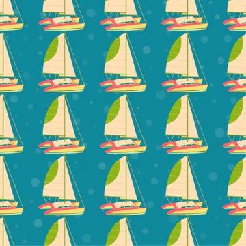 Marine seamless background with cartoon vector boats Stock Illustration