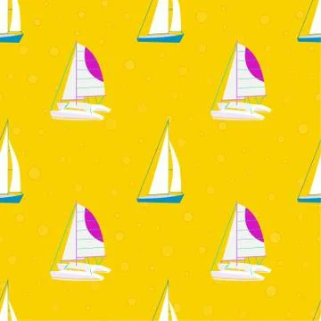 Marine seamless background with cartoon vector boats Stock Illustration