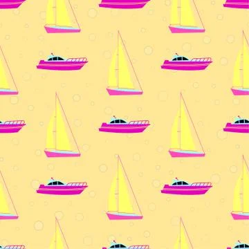 Marine seamless background with cartoon vector boats Stock Illustration