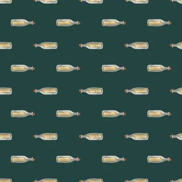Marine seamless doodle pattern with doodle bottles with message ornament. Dar Stock Illustration