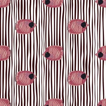 Marine seamless doodle pattern with pink butterfly fish ornament. Striped whi イラスト素材