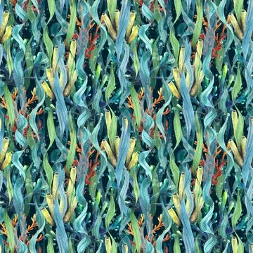 Marine seamless pattern with algae, corals and sea sponges on a dark background Illustrazione stock