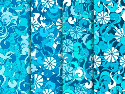 Marine seamless pattern. Background with waves, dolphins and anchors. Set o.. イラスト素材