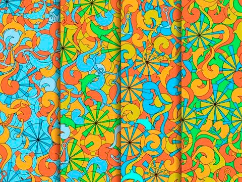 Marine seamless pattern. Background with waves, dolphins and anchors. Backgro 스톡 일러스트