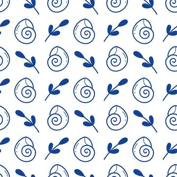 Marine seamless pattern with blue line art sea shells and aquatic plants on イラスト素材