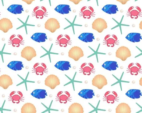 Marine seamless pattern, cartoon style. Underwater world, sea life infinite b Stock Illustration
