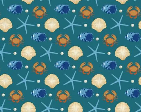 Marine seamless pattern, cartoon style. Underwater world, sea life infinite b Stock Illustration