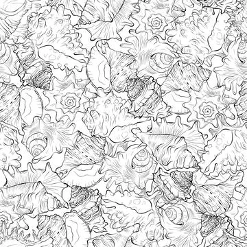 Marine seamless pattern from different spiral spiked sea shells 스톡 일러스트