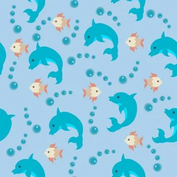 Marine seamless pattern with dolphin and fish Stock Illustration