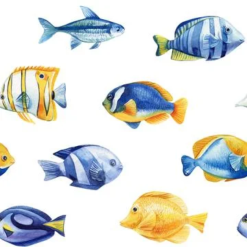 Marine seamless pattern with fish. Hand drawn watercolor background of sea fish Stock Illustration