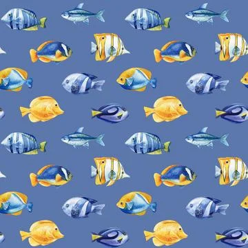 Marine seamless pattern with fish. Hand drawn watercolor background of sea fish Illustrazione stock