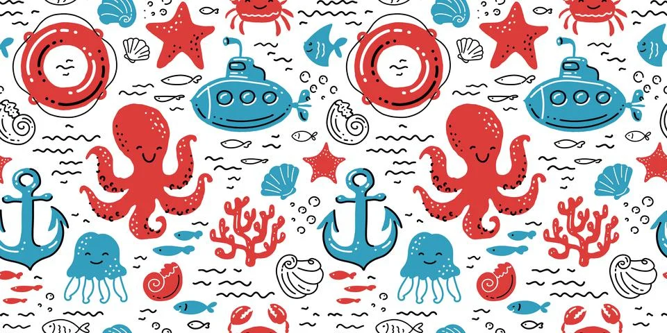 Marine seamless pattern. Nautical background. Cute cartoon vector illustration Stock Illustration