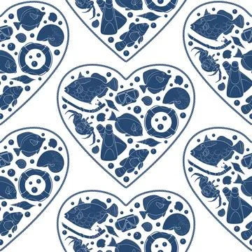 Marine seamless pattern with objects in the shape of a heart Illustrazione stock