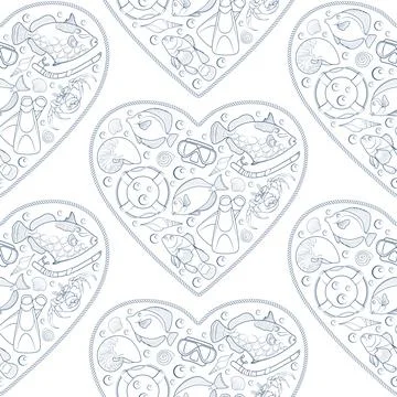 Marine seamless pattern with objects in the shape of heart Stock Illustration