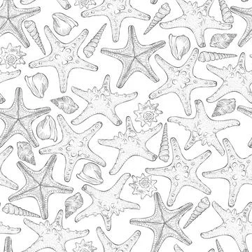 Marine seamless pattern from sea shells and starfish Illustrazione stock