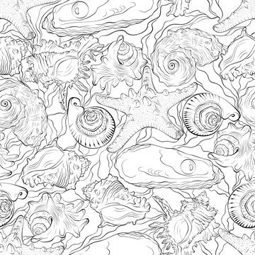 Marine seamless pattern from sea shells and starfish with waves Stockillustratie
