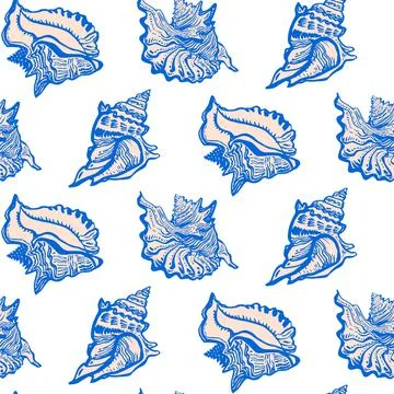 Marine seamless pattern with seashell isolated on white background. Illustrazione stock