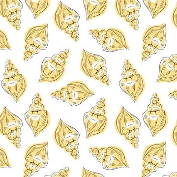 Marine seamless pattern of seashells in line art style. Vector undersea Stock Illustration
