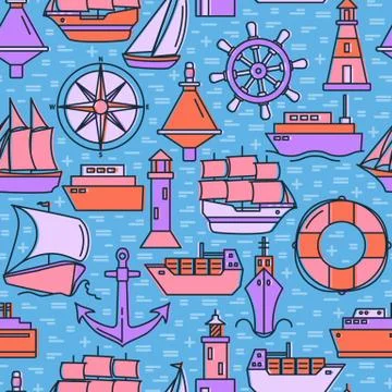 Marine seamless pattern with ship icons in colored line style Stock Illustration