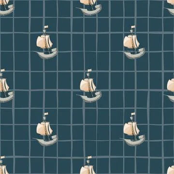 Marine seamless pattern with simple beige sailboat ship elements. Navy blue b Illustrazione stock
