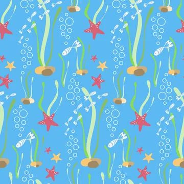 Marine seamless pattern small fish swimming among algae and starfish with bub Stock Illustration