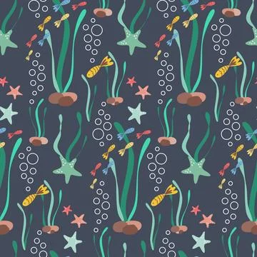 Marine seamless pattern small fish swimming among algae and starfish with bub 库存插图