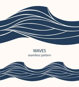 Marine seamless pattern with stylized blue waves on a light back Stock Illustration