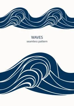 Marine seamless pattern with stylized blue waves on a light back Illustrazione stock
