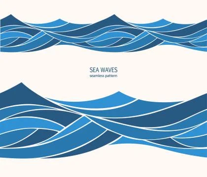 Marine seamless pattern with stylized blue waves on a light back Stock Illustration