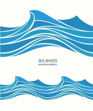 Marine seamless pattern with stylized blue waves on a light back Stock Illustration