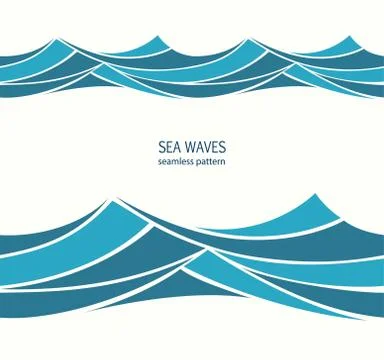 Marine seamless pattern with stylized blue waves on a light back Stock Illustration