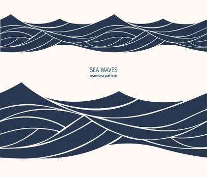 Marine seamless pattern with stylized blue waves on a light back Stock Illustration