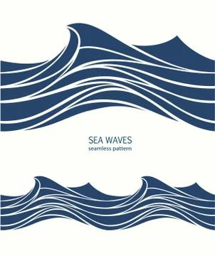 Marine seamless pattern with stylized blue waves on a light back Stock Illustration