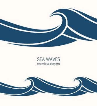 Marine seamless pattern with stylized blue waves on a light back Stock Illustration