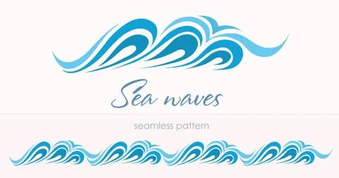 Marine seamless pattern with stylized waves on a light backgroun Stock Illustration