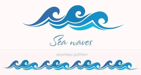 Marine seamless pattern with stylized waves on a light backgroun Stock Illustration