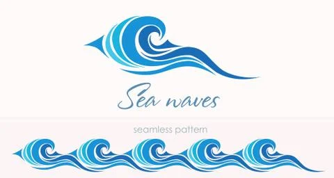 Marine seamless pattern with stylized waves on a light backgroun Stock Illustration