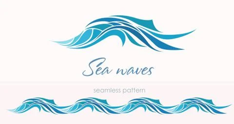 Marine seamless pattern with stylized waves on a light backgroun Stock Illustration