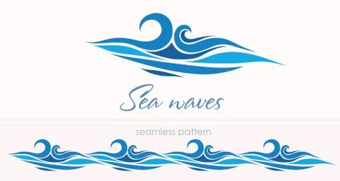 Marine seamless pattern with stylized waves on a light backgroun Stock Illustration