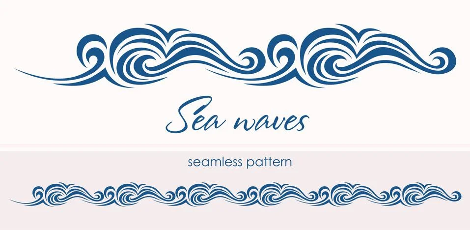 Marine seamless pattern with stylized waves on a light backgroun Stock Illustration