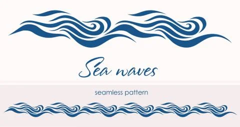 Marine seamless pattern with stylized waves on a light backgroun Stock Illustration