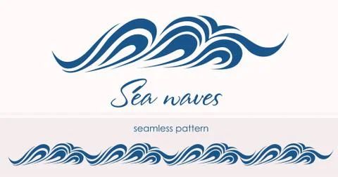 Marine seamless pattern with stylized waves on a light backgroun Stock Illustration