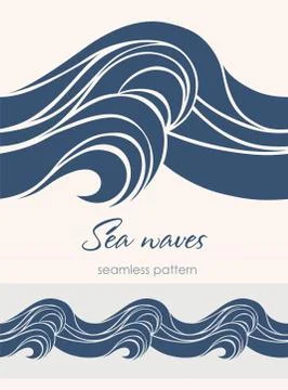 Marine seamless pattern with stylized waves on a light backgroun Stock Illustration